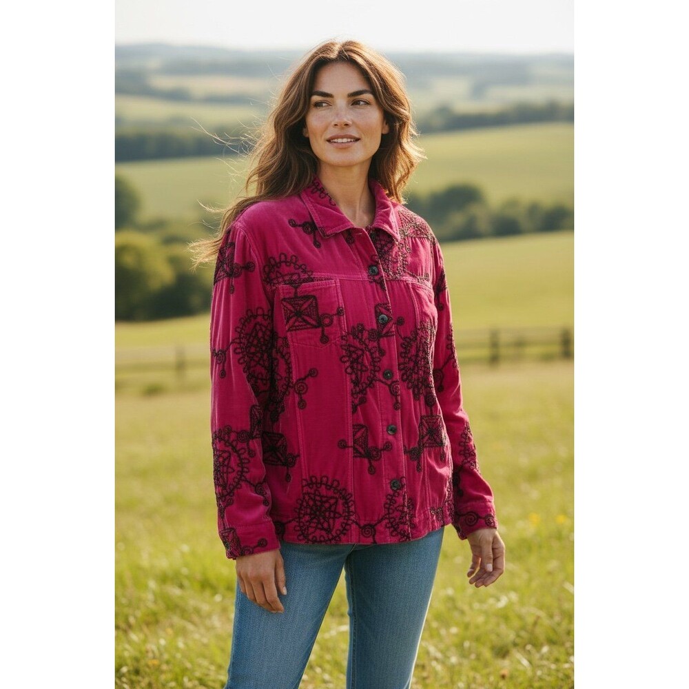 Chico’s Size 2 Fuchsia Pink Velvet Embroidered Jacket Blazer Boho Artsy